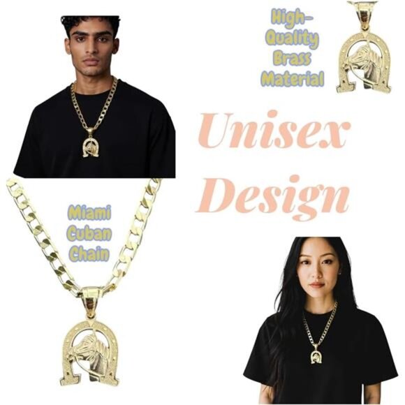 14K Gold Plated Hip Hop Horseshoe U-Shaped Pendant with Cuban Chain 24" 8mm - Picture 3 of 8